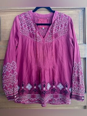 Johnny Was Magenta Embroidered V-Neck Tunic